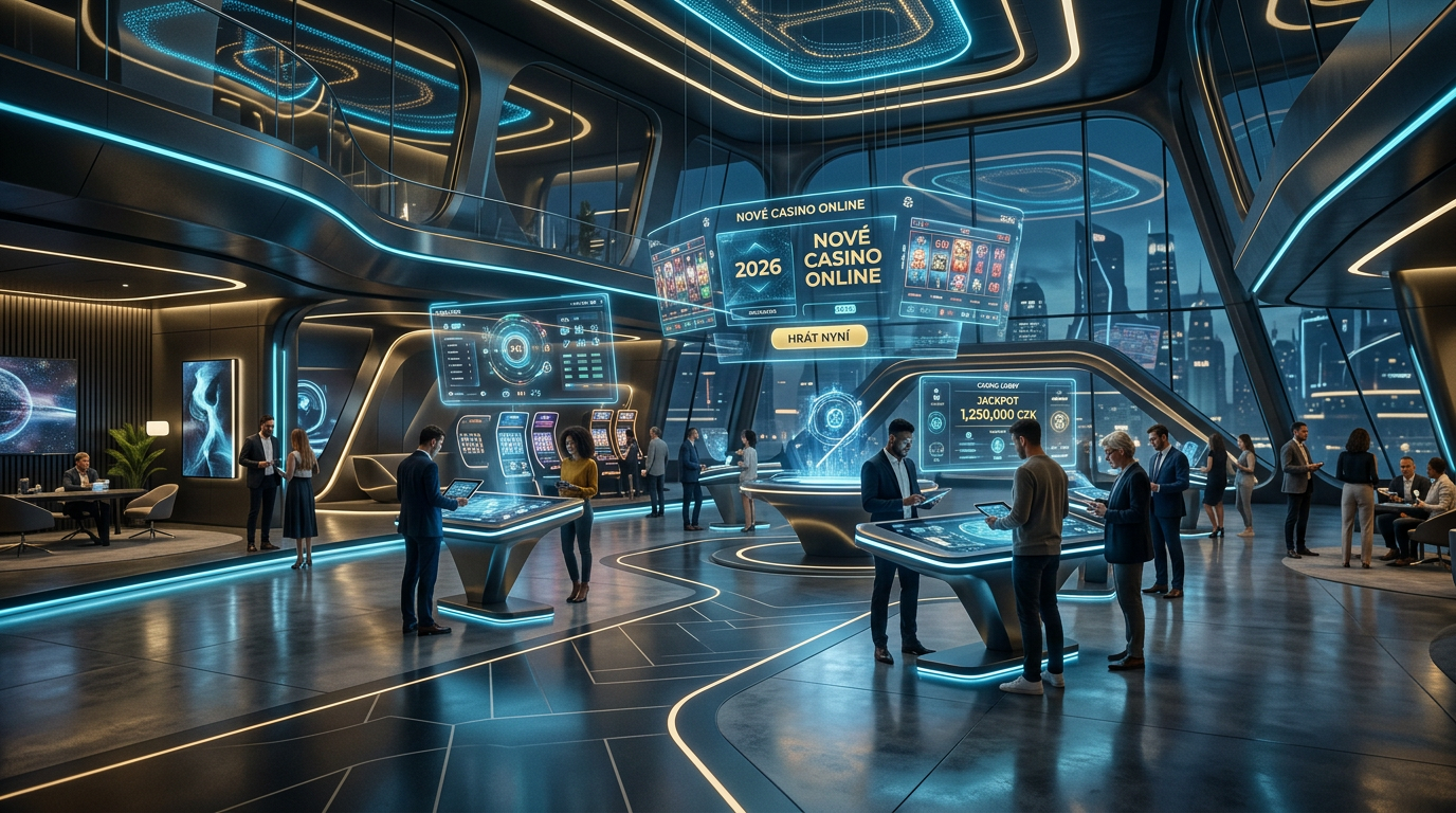 Futuristické digitální rozhraní online kasina v roce 2026 s neonovými prvky a hologramy